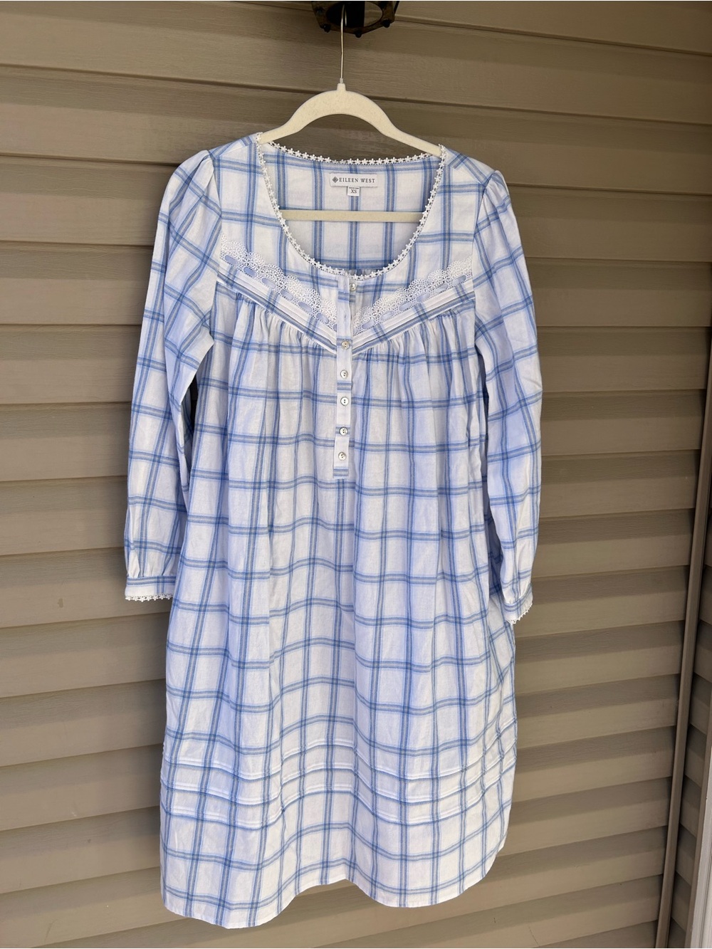 Eileen West Light Blue and White Plaid Flannel Cotton Nightgown with Lace Trim